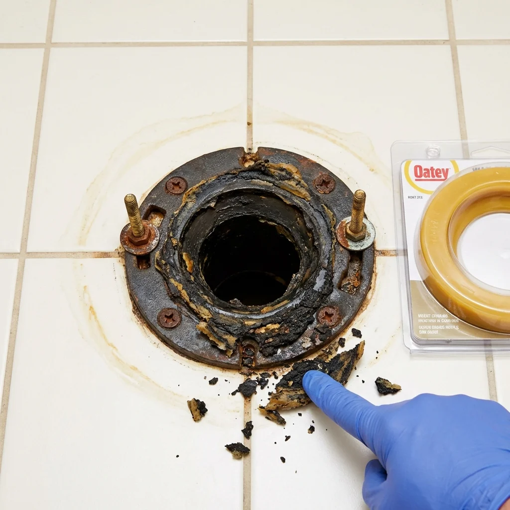 Failed wax ring showing water seepage at the base of a toilet in a Gainesville, MO home