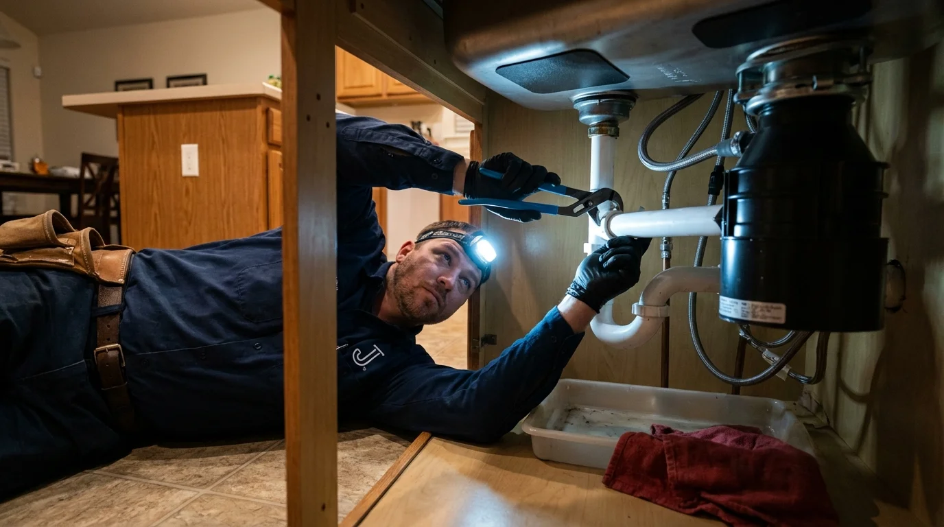 P-trap and supply line connections under a kitchen sink showing a common leak point in Gainesville, MO